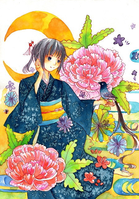 subou hono, original, looking away, jpeg artifacts, traditional media, 1girl, barefoot, bird, bird on hand, black hair, blue eyes, crescent moon, egasumi, female focus, floral background, flower, hair ornament, hair stick, japanese clothes, kimono, moon, obi, peony (flower), sash, smile, solo
