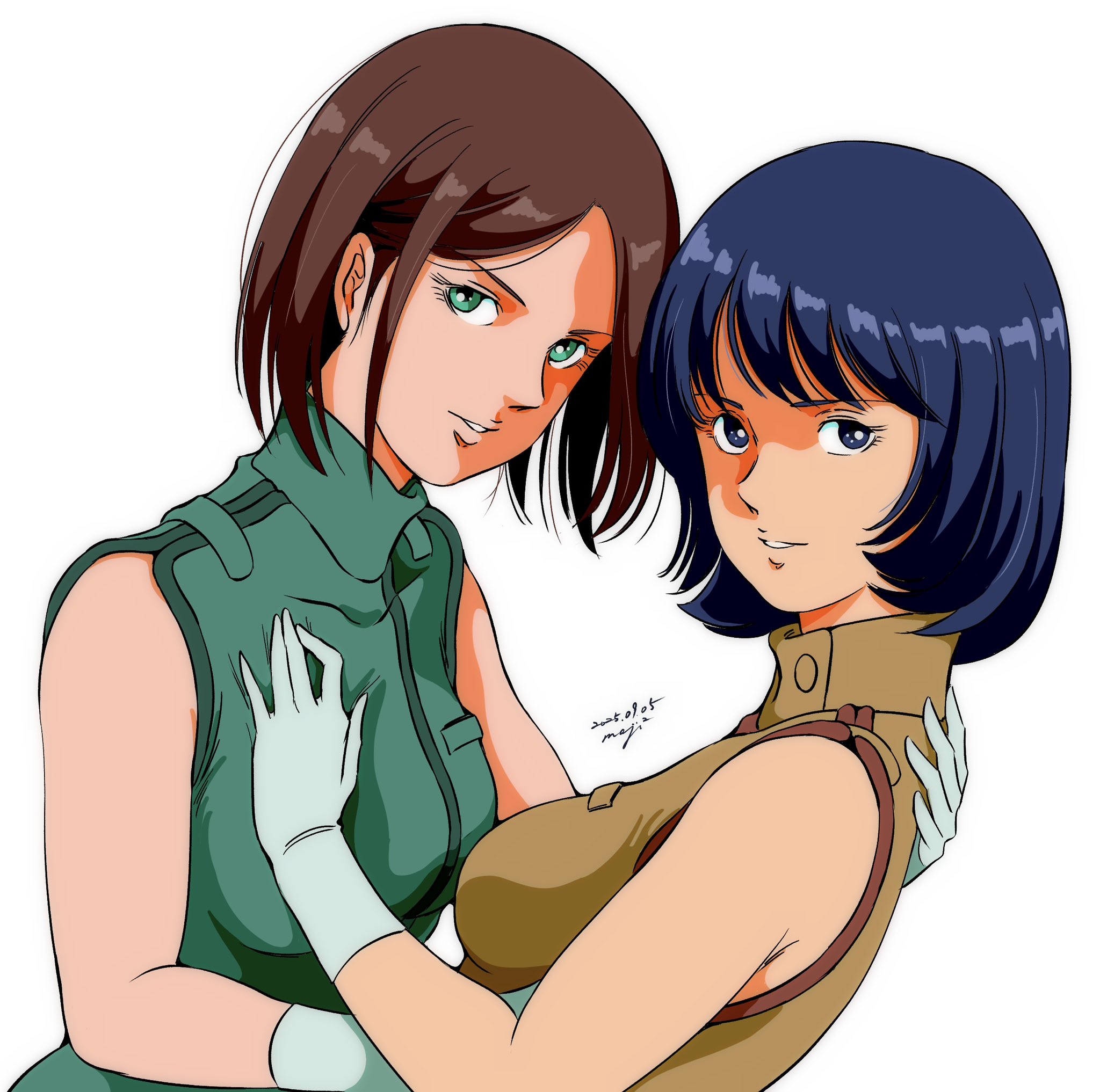 pgmajimaji, emma sheen, fa yuiry, gundam, zeta gundam, highres, 2girls, aeug, black hair, blue eyes, blue hair, breasts, brown hair, gloves, green eyes, looking at viewer, military, military uniform, multiple girls, open mouth, science fiction, short hair, simple background, sleeveless, smile, upper body, white background, white gloves