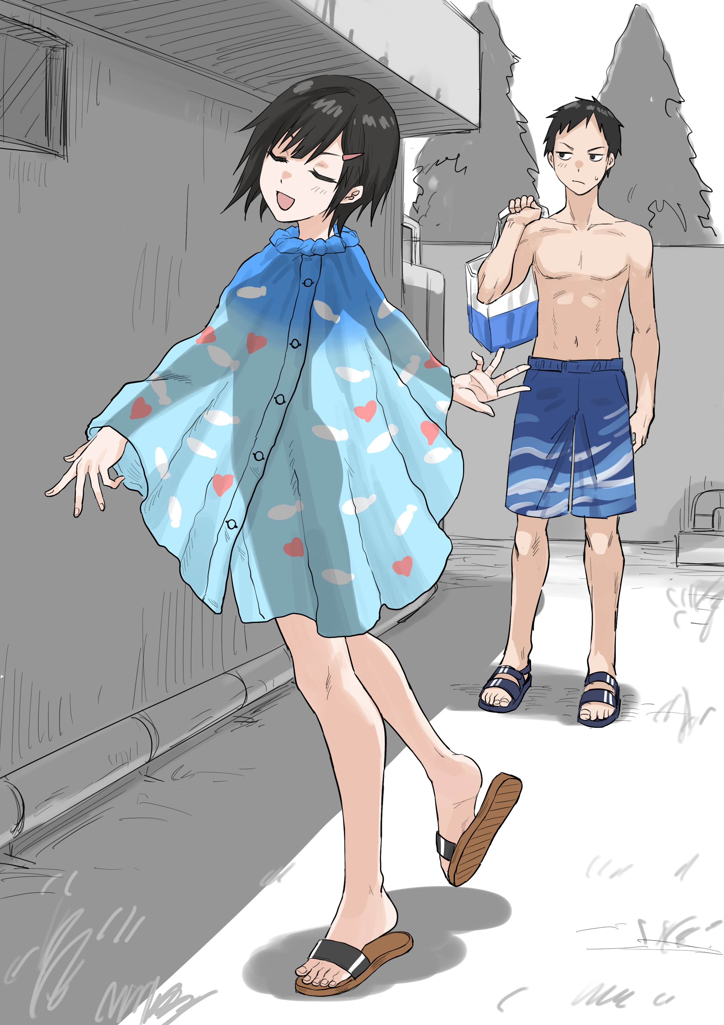 fuku (fuku12290574), original, absurdres, highres, 1boy, 1girl, black hair, closed eyes, flip-flops, male swimwear, outdoors, sandals, short hair, silhouette, swim trunks, wrap towel