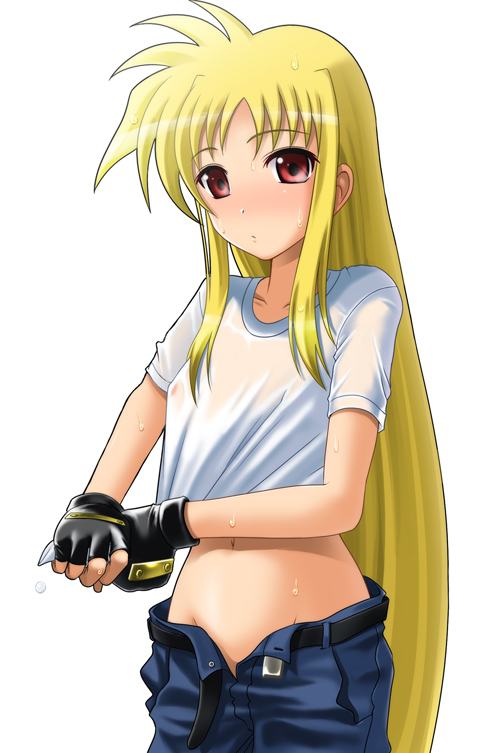 40010prototype, fate testarossa, lyrical nanoha, mahou shoujo lyrical nanoha, mahou shoujo lyrical nanoha strikers, 00s, 1girl, blonde hair, blouse, cowboy shot, female focus, gloves, long hair, midriff, nipples, no bra, see-through clothes, shirt, simple background, solo, sweat, unfastened, unzipped, very long hair, water drop, wet, wet clothes, white background, white shirt, wringing clothes