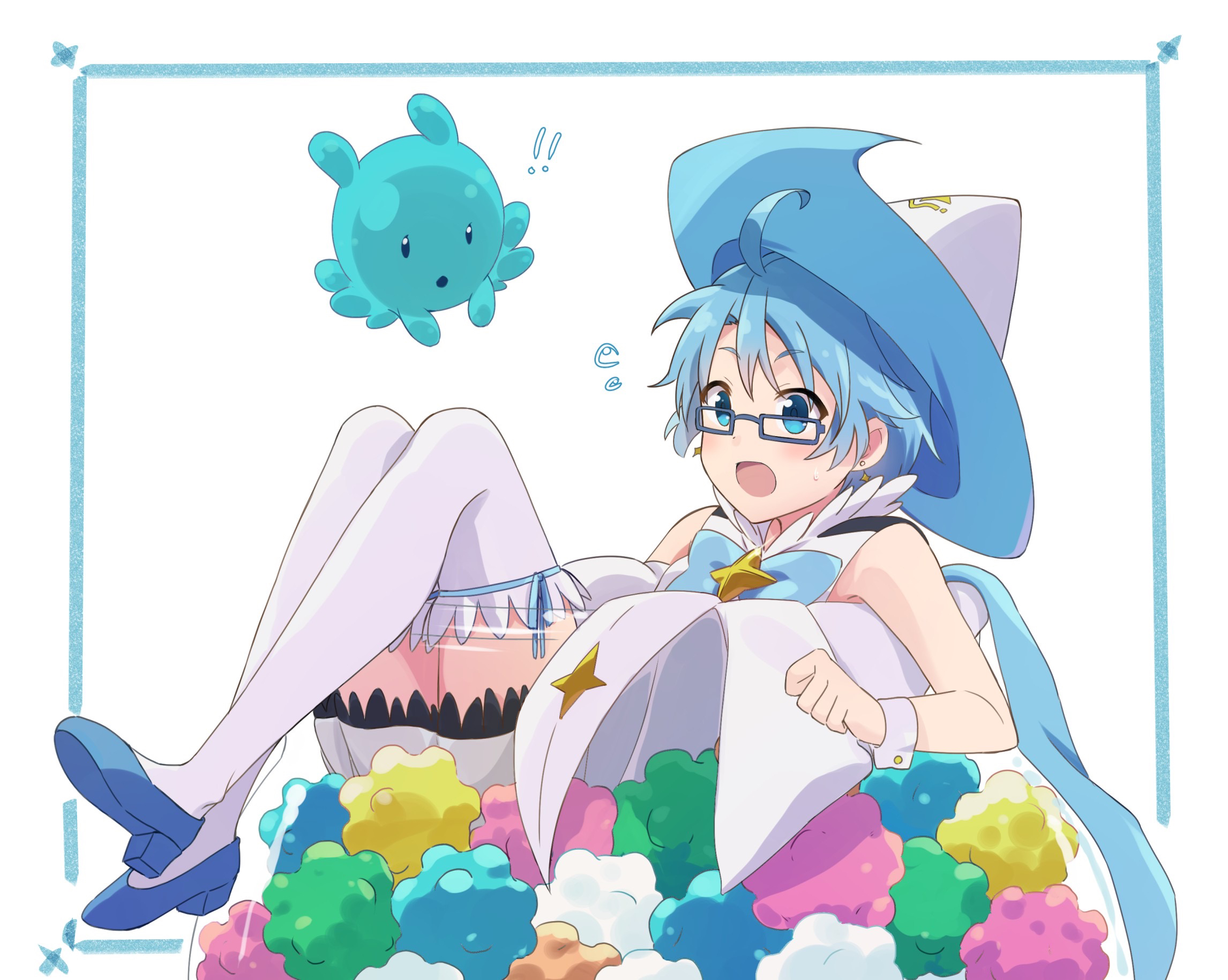 x3 xy3 (jtsu4377), aoi (houkago no pleiades), pleiadean, houkago no pleiades, commentary, highres, symbol-only commentary, !, !!, 1girl, :o, ahoge, black ribbon, blue-framed eyewear, blue bow, blue eyes, blue hair, blue hat, blue shoes, bow, candy, candy jar, cape, dress, food, frilled shirt collar, frills, glasses, hat, high heels, in container, in jar, jar, knees up, light blush, looking ahead, magical girl, messy hair, rectangular eyewear, ribbon, shoes, short hair, simple background, sitting, sleeveless, sleeveless dress, star (symbol), sweatdrop, thighhighs, two-tone hat, white background, white cape, white dress, white hat, white thighhighs, wrist cuffs, zettai ryouiki