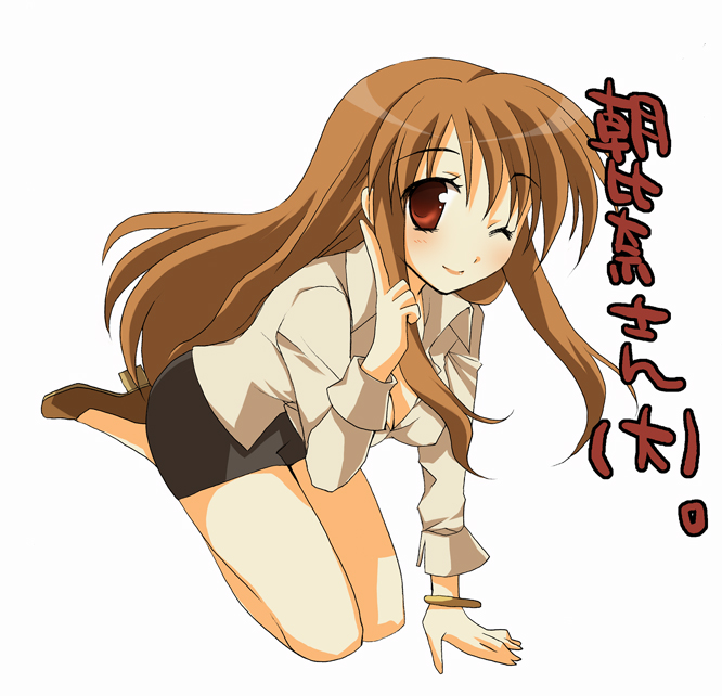 pokopi, asahina mikuru, asahina mikuru (adult), suzumiya haruhi no yuuutsu, 00s, 1girl, ;), all fours, blush, breasts, brown hair, brown shoes, cleavage, female focus, full body, high heels, index finger raised, lipstick, long hair, long sleeves, looking at viewer, makeup, miniskirt, one eye closed, pencil skirt, red eyes, shoes, sidelocks, simple background, skirt, smile, solo, very long hair, white background