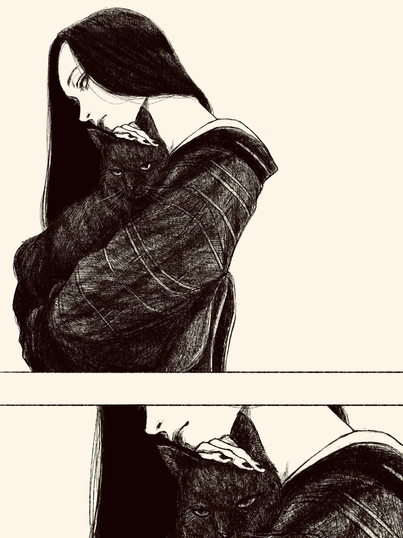 tp p pt, original, highres, 1girl, black hair, black outline, cat, from side, greyscale, headpat, long hair, looking at viewer, monochrome, outline, solo
