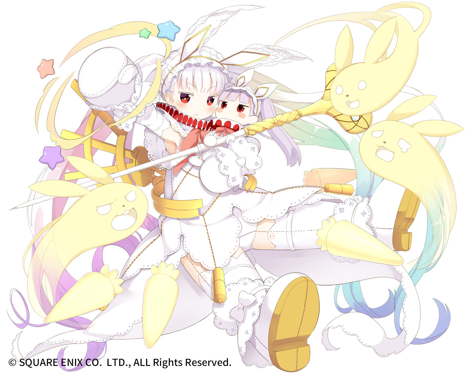 muku (muku-coffee), uasaha, kai-ri-sei million arthur, million arthur (series), highres, official art, 1girl, animal ear hairband, animal ears, armpits, boots, capelet, company name, copyright notice, cosplay, doll, dress, elbow gloves, fake animal ears, frilled hairband, frills, gloves, hairband, holding, holding doll, holding staff, kigurumi, rabbit ear hairband, rabbit ears, red eyes, solo, staff, twintails, white boots, white capelet, white dress, white gloves, white hair, white hairband