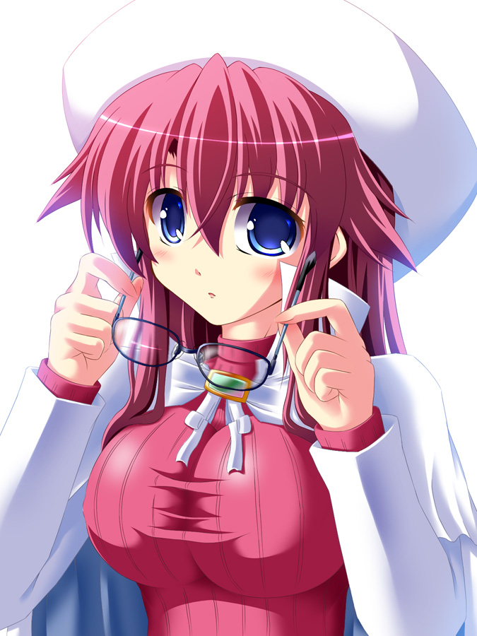 futaba shion, utanone shion, aty, aty (summon night), summon night, summon night 3, 1girl, blue eyes, blush, breasts, female focus, glasses, hat, holding, holding removed eyewear, huge breasts, large breasts, long hair, long sleeves, looking at viewer, pink hair, ribbed sweater, simple background, solo, sweater, unworn eyewear, upper body, white background