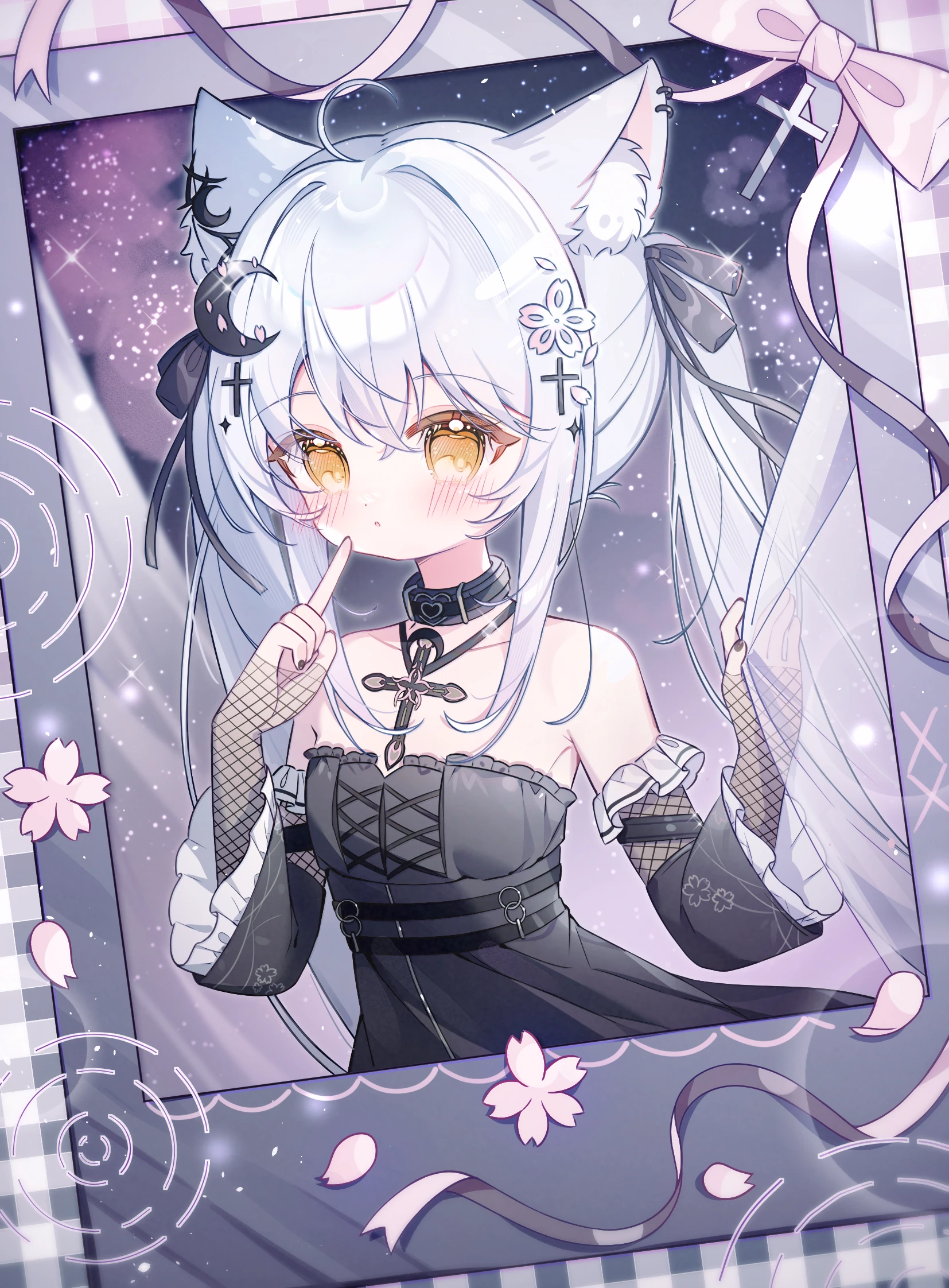sdqg, original, highres, 1girl, animal ear fluff, animal ears, bare shoulders, black collar, black dress, black ribbon, blush, cat ears, collar, collarbone, crescent, crescent hair ornament, cross, cross hair ornament, curtain grab, curtains, detached sleeves, dress, fingerless gloves, fishnet gloves, fishnets, flower, frills, gloves, hair ornament, jewelry, long hair, looking at viewer, necklace, ribbon, solo, strapless, strapless dress, twintails, white hair, yellow eyes