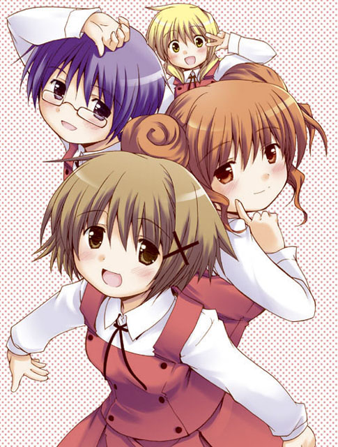 patoto, hiro (hidamari sketch), miyako (hidamari sketch), sae (hidamari sketch), yuno (hidamari sketch), hidamari sketch, 00s, 4girls, :d, blonde hair, blue eyes, blue hair, blush, brown eyes, brown hair, double bun, female focus, glasses, hair bun, hair ornament, hairclip, long sleeves, multiple girls, open mouth, red eyes, red hair, school uniform, short hair, skirt, smile, v, yamabuki high school uniform
