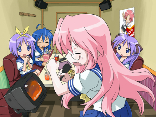 imo works, hiiragi kagami, hiiragi tsukasa, izumi konata, takara miyuki, lucky star, lowres, 00s, 4girls, glasses, karaoke, microphone, mole, mole under eye, multiple girls, school uniform, serafuku, siblings, sisters, twins