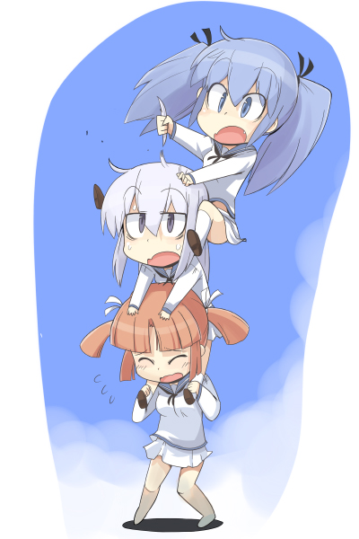 mamo williams, original, 3girls, human tower, multiple girls, school uniform, serafuku, stacking, twintails