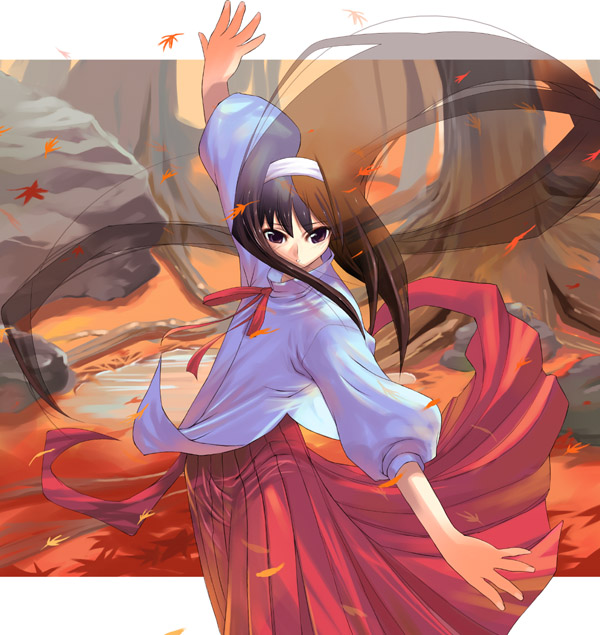 morii shizuki, tohno akiha, tsukihime, 00s, autumn, autumn leaves, blouse, cowboy shot, falling leaves, from side, leaf, letterboxed, long hair, outstretched arms, shirt, solo, standing, tree, very long hair, white shirt