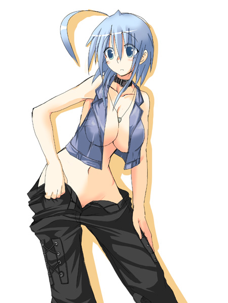 ment, original, 1girl, ahoge, blue eyes, blue hair, breasts, cleavage, collar, cropped jacket, female focus, huge ahoge, jacket, jewelry, matching hair/eyes, navel, necklace, no bra, no panties, open clothes, open jacket, open pants, pants, short hair, solo, unbuttoned, undressing, unzipped