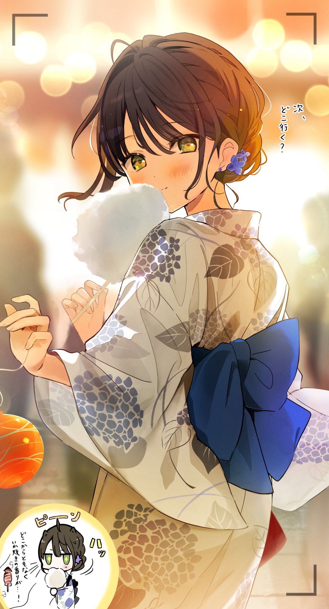 yukimaru nun, original, highres, blue sash, blush, brown hair, closed mouth, cotton candy, eating, festival, floral background, flower, food, green eyes, hair flower, hair ornament, holding, holding cotton candy, holding food, japanese clothes, kimono, long sleeves, looking at viewer, multiple others, obi, outdoors, sash, short hair, smile, solo focus, summer festival, viewfinder, white kimono, yukata