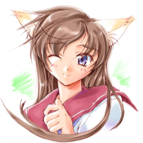 naruse yuji, lowres, animal ears, blue eyes, brown hair, cat ears, long hair, one eye closed, school uniform, serafuku, solo, wink