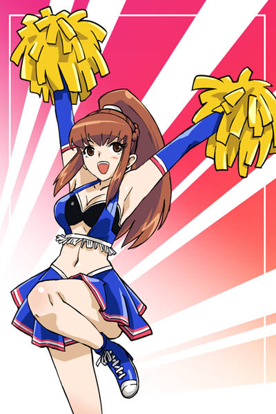 michael f91, amemiya sayaka, osu! tatakae! ouendan, 1girl, armpits, blush, breasts, brown eyes, brown hair, cheerleader, cleavage, elbow gloves, female focus, gloves, large breasts, long hair, midriff, open mouth, ouendan, pom pom (cheerleading), ponytail, skirt, solo
