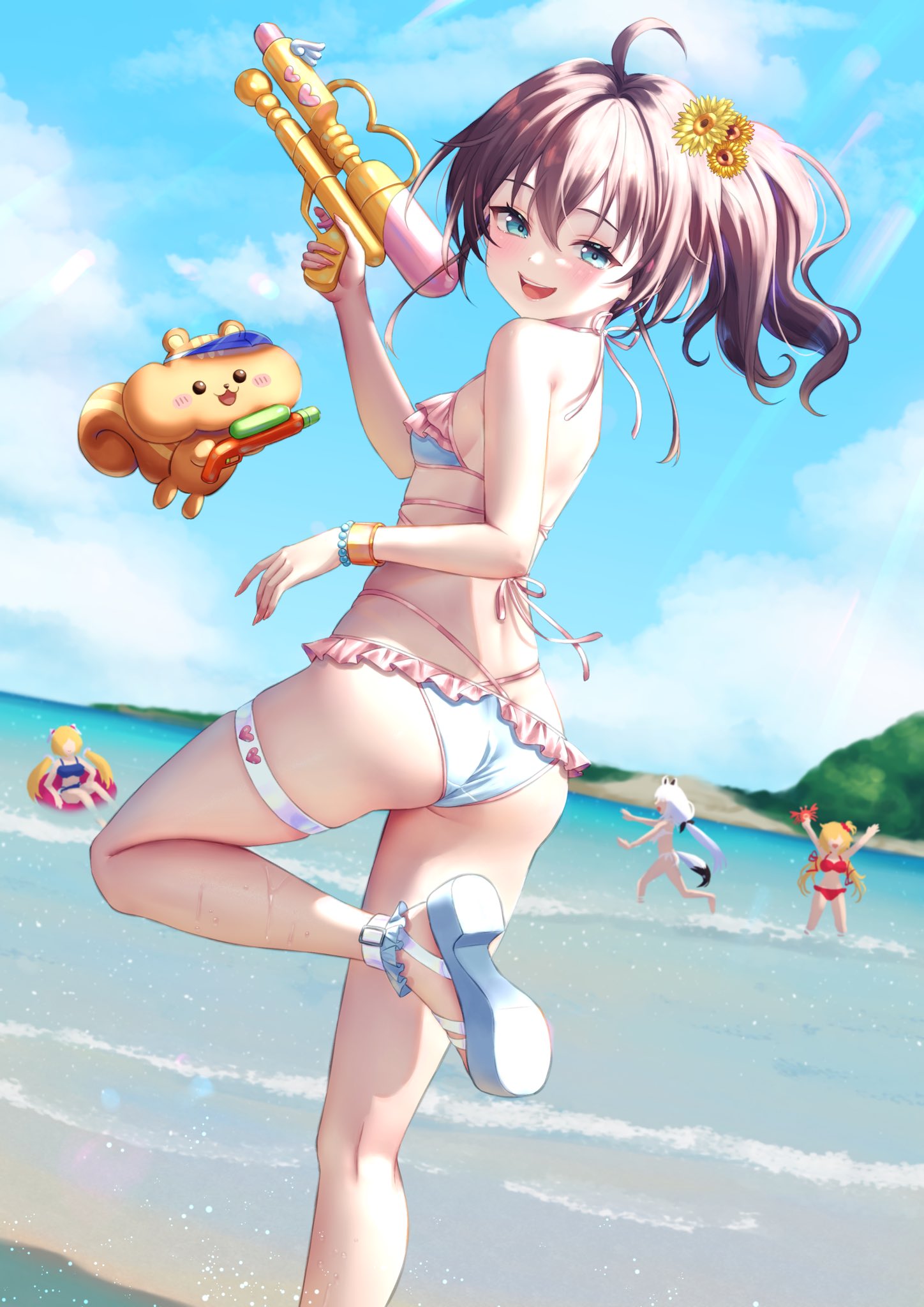 mary is mine, natsuiro matsuri, hololive, character request, highres, 4girls, ass, bare shoulders, beach, bikini, blue eyes, breasts, cloud, day, flower, hair flower, hair ornament, holding, holding water gun, kneepits, legs, multiple girls, ocean, open mouth, outdoors, sky, small breasts, smile, solo focus, standing, standing on one leg, swimsuit, water gun, white bikini