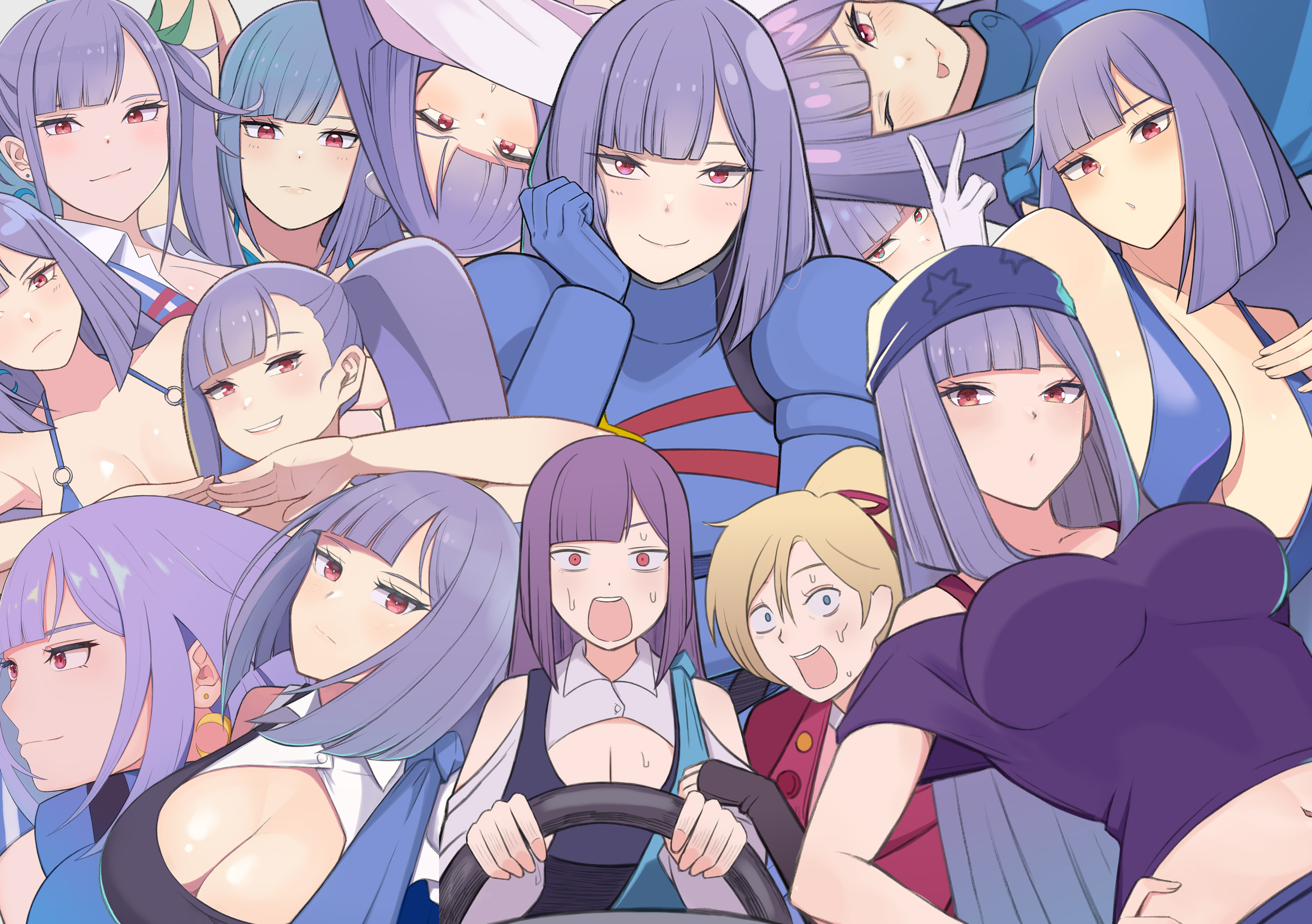 konishiki (52siki), elle vianno, roux louka, chainsaw man, gundam, gundam zz, commentary request, highres, 2girls, ;p, aeug, alternate costume, bandana, bare shoulders, belt, bikini, blonde hair, blue bikini, blue bodysuit, blue dress, blue eyes, blue tank top, blunt bangs, blush, bodysuit, bra strap, breasts, car, car interior, cleavage, closed mouth, clothing cutout, collarbone, constricted pupils, drawstring, dress, driving, earrings, gloves, gradient hair, hands on own hips, high ponytail, horrified, jaw drop, jewelry, large breasts, light smile, long hair, long sleeves, looking at viewer, looking up, mecha pilot suit, medium breasts, meme, military uniform, motor vehicle, multicolored hair, multiple girls, navel, nervous sweating, normal suit (gundam), one eye closed, open mouth, petals, ponytail, pouch, power crashes kobeni's car (meme), purple eyes, purple hair, purple shirt, red eyes, shirt, short sleeves, shoulder cutout, sleeveless, sleeveless dress, smile, spandex, star (symbol), star print, steering wheel, straight hair, sweat, swimsuit, tank top, tongue, tongue out, upper body, very long hair, white gloves
