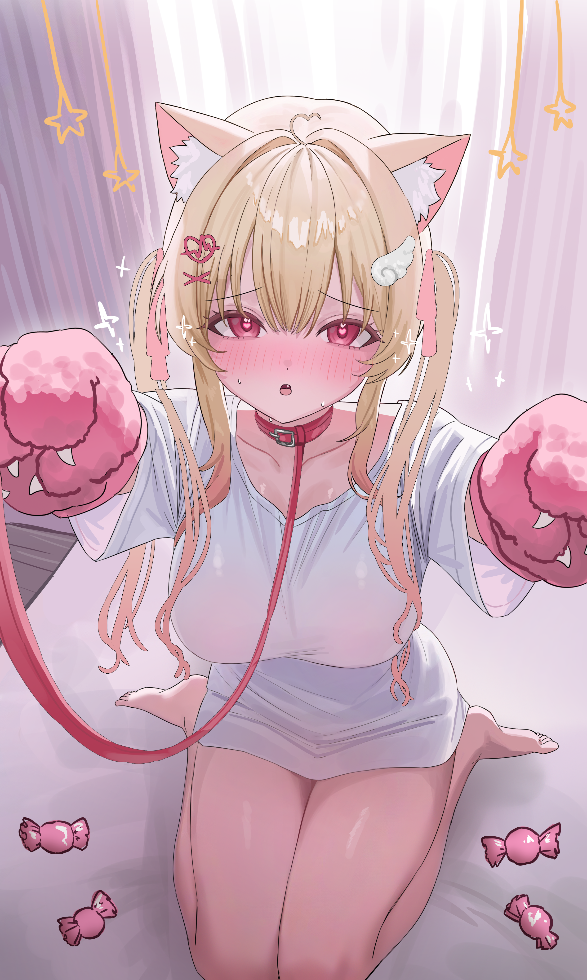 yamu (yamu 030), nekoma karin, kemomimi refle!, absurdres, commission, highres, pixiv commission, 1girl, ahoge, animal collar, animal ears, animal hands, blush, breasts, cat ears, cat girl, cat tail, collar, curtains, fang, gloves, hair intakes, hair ornament, heart, heart ahoge, indoors, large breasts, leash, long hair, looking at viewer, mole, mole under eye, open mouth, paw gloves, pink gloves, red collar, shirt, sitting, solo, sweat, tail, thighs, twintails, virtual youtuber, wariza, wing hair ornament, x hair ornament