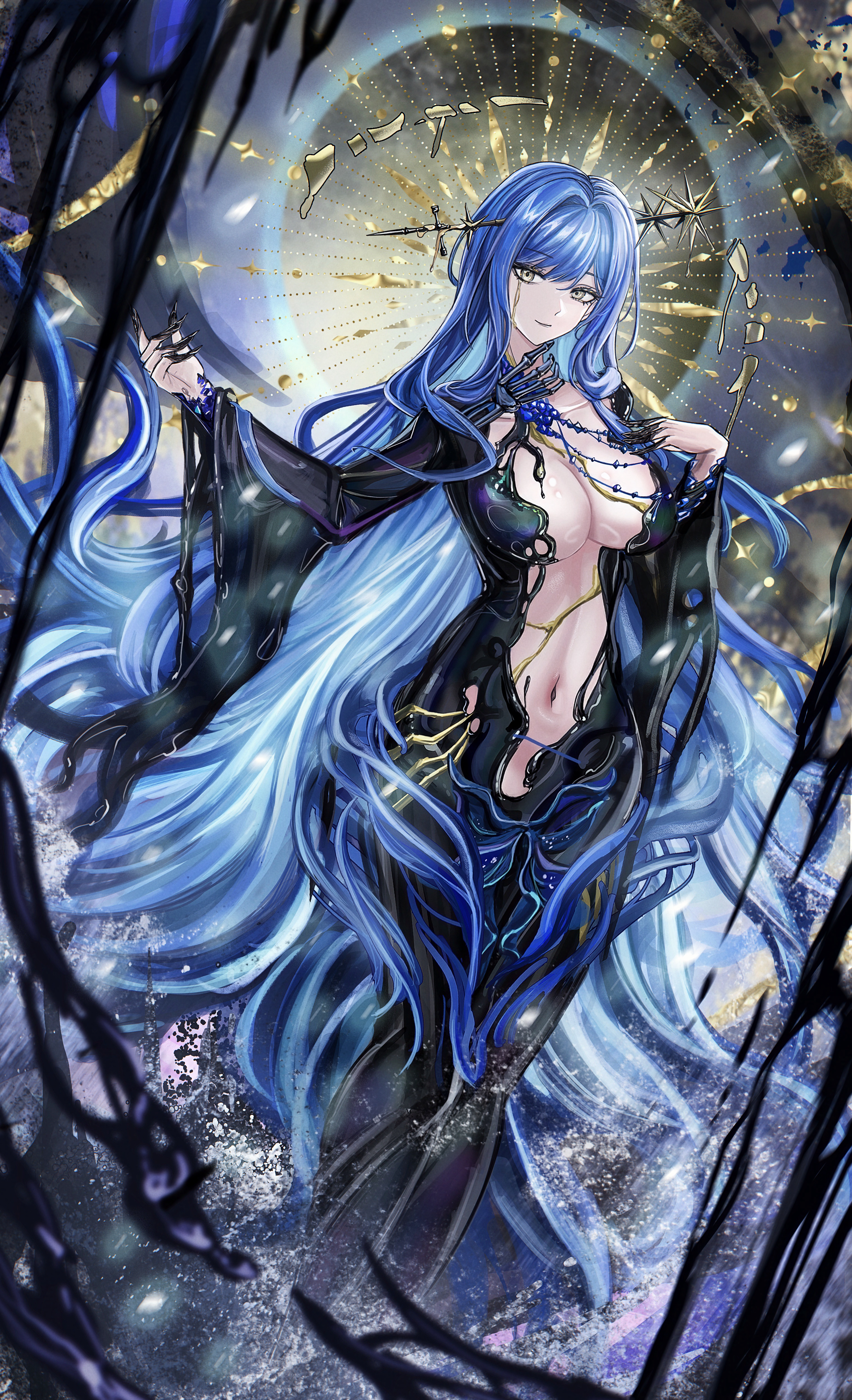 minuolin, arcana (reverse:1999), reverse:1999, absurdres, highres, 1girl, arcana (paradise regained) (reverse:1999), black dress, black liquid, blue hair, breasts, cleavage, colored tears, dress, feet out of frame, hands up, hobble dress, large breasts, long dress, long hair, looking at viewer, navel, no bra, official alternate costume, outstretched arm, plunging neckline, single tear, smile, solo, sunburst, very long hair, wand in head, yellow eyes