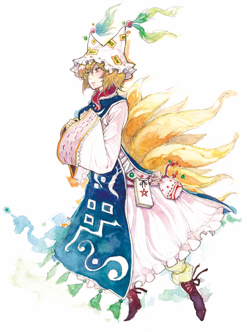 chihiro (kemonomichi), yakumo ran, touhou, painting (medium), traditional media, watercolor (medium), 1girl, animal hat, bag, blonde hair, boots, female focus, fox tail, full body, hat, lace-up boots, long sleeves, mob cap, multiple tails, short hair, solo, tabard, tail, tassel, white background, wide sleeves, yellow eyes