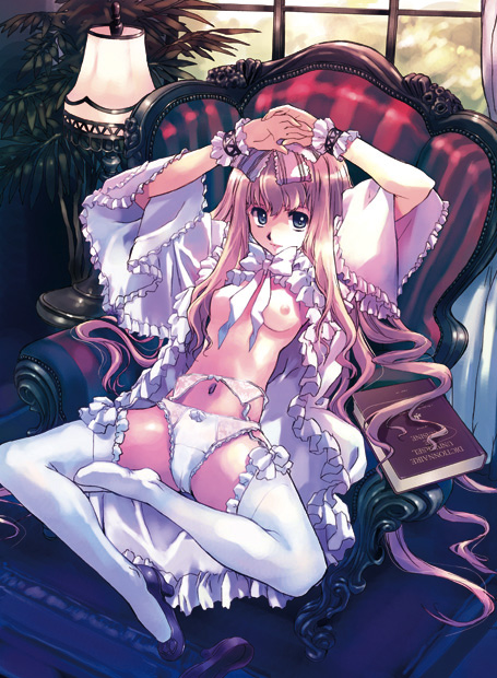 matsumoto noriyuki, 1girl, arms up, blonde hair, blue eyes, book, bow, bow panties, breasts, chair, female focus, flat chest, frills, garter belt, gothic lolita, high heels, lamp, lingerie, lolita fashion, long hair, navel, nipples, no bra, open clothes, panties, shoes, single shoe, sitting, small breasts, smile, solo, thighhighs, underwear, very long hair, white panties, white thighhighs, wrist cuffs