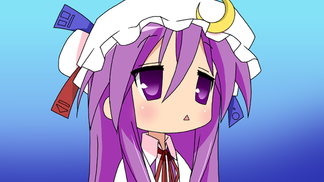 mizuno kurage, patchouli knowledge, lucky star, touhou, 1girl, crescent, female focus, hat, long hair, parody, purple hair, solo