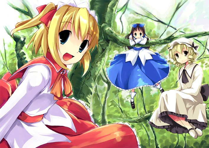 takatsuki tsukasa, luna child, star sapphire, sunny milk, perfect memento in strict sense, touhou, 3girls, :d, blonde hair, blue eyes, dress, fairy, female focus, hair ribbon, multiple girls, open mouth, ribbon, smile, twintails, yellow eyes