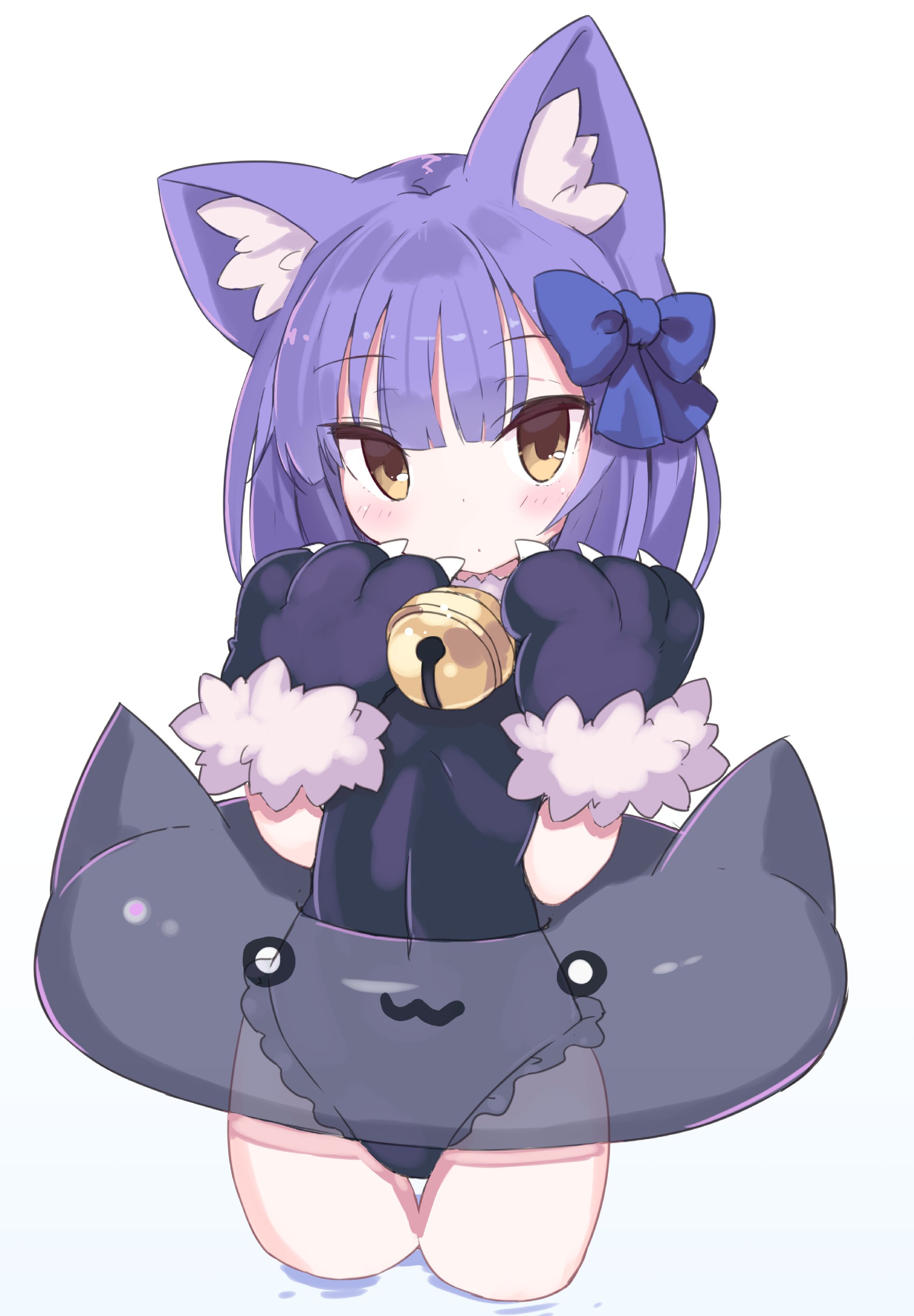 armadillon, bastet lore, emil chronicle online, absurdres, highres, 1girl, alternate costume, animal ears, animal hands, bell, black one-piece swimsuit, blue hair, blue ribbon, cat ears, cat girl, frilled one-piece swimsuit, frills, gloves, hair ribbon, innertube, looking at viewer, neck bell, one-piece swimsuit, paw gloves, ribbon, soaking feet, solo, swim ring, swimsuit, white background, yellow eyes