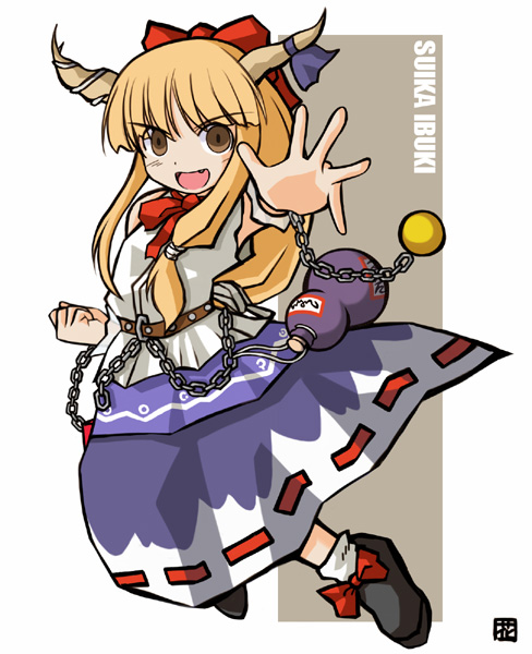 hana (hana mo arashi mo), ibuki suika, touhou, 1girl, belt, blonde hair, blunt bangs, blush, bow, chain, character name, fang, female focus, gourd, grin, hime cut, horn ornament, horn ribbon, horns, long hair, looking at viewer, ofuda, outstretched arm, ribbon, shirt, shoes, skirt, sleeveless, sleeveless shirt, smile, solo