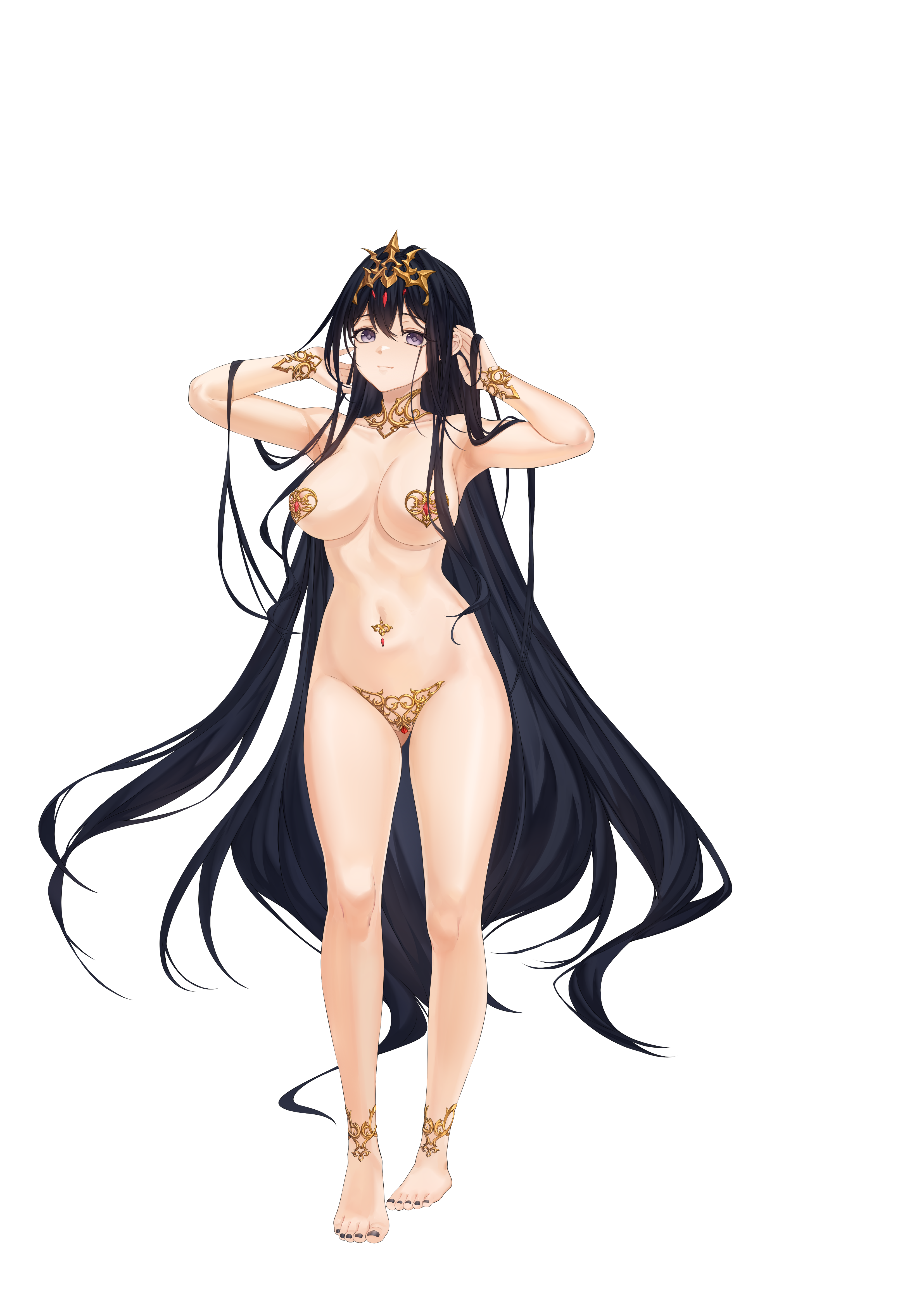 xo (xo17800108), original, absurdres, highres, 1girl, adjusting hair, armpits, barefoot, black hair, breasts, cleavage, closed mouth, covered erect nipples, covered navel, full body, hair between eyes, large breasts, long hair, looking at viewer, nail polish, purple eyes, revealing clothes, smile, solo, stomach, tiara, toenail polish, toenails, toes, transparent background, very long hair