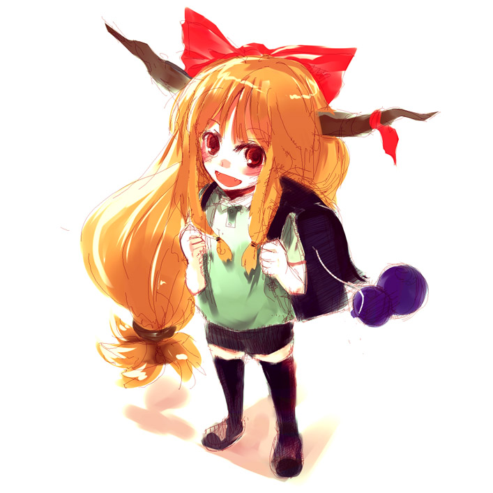 nokishita, ibuki suika, touhou, 1girl, bag, black skirt, black thighhighs, blush, bow, fang, female focus, full body, gourd, hair bow, horns, long hair, low-tied long hair, oni, orange hair, red bow, red eyes, school uniform, skirt, solo, standing, thighhighs, very long hair, zettai ryouiki