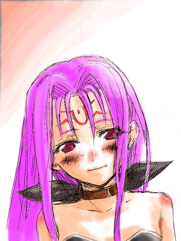 lutecia, lutecia alpine, lyrical nanoha, mahou shoujo lyrical nanoha, mahou shoujo lyrical nanoha strikers, 00s, 1girl, bare shoulders, breasts, choker, cleavage, collarbone, female focus, head tilt, looking at viewer, pink hair, red eyes, small breasts, smile, solo, tattoo, upper body