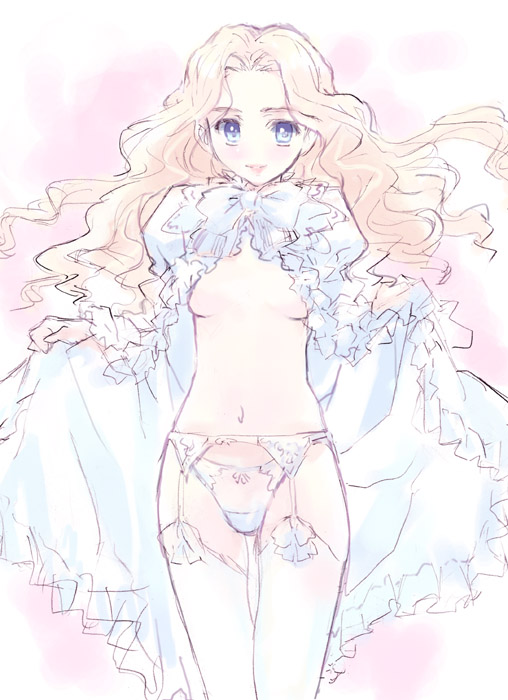 matsumoto noriyuki, original, 1girl, blonde hair, blue eyes, blush, bow, bow panties, bra, breasts, cape, dress, female focus, frills, garter belt, garter straps, hair intakes, light smile, lingerie, lips, long hair, long sleeves, no bra, no nose, pale skin, panties, puffy long sleeves, puffy sleeves, small breasts, solo, thighhighs, underboob, underwear, white bow, white bra, white panties, white thighhighs