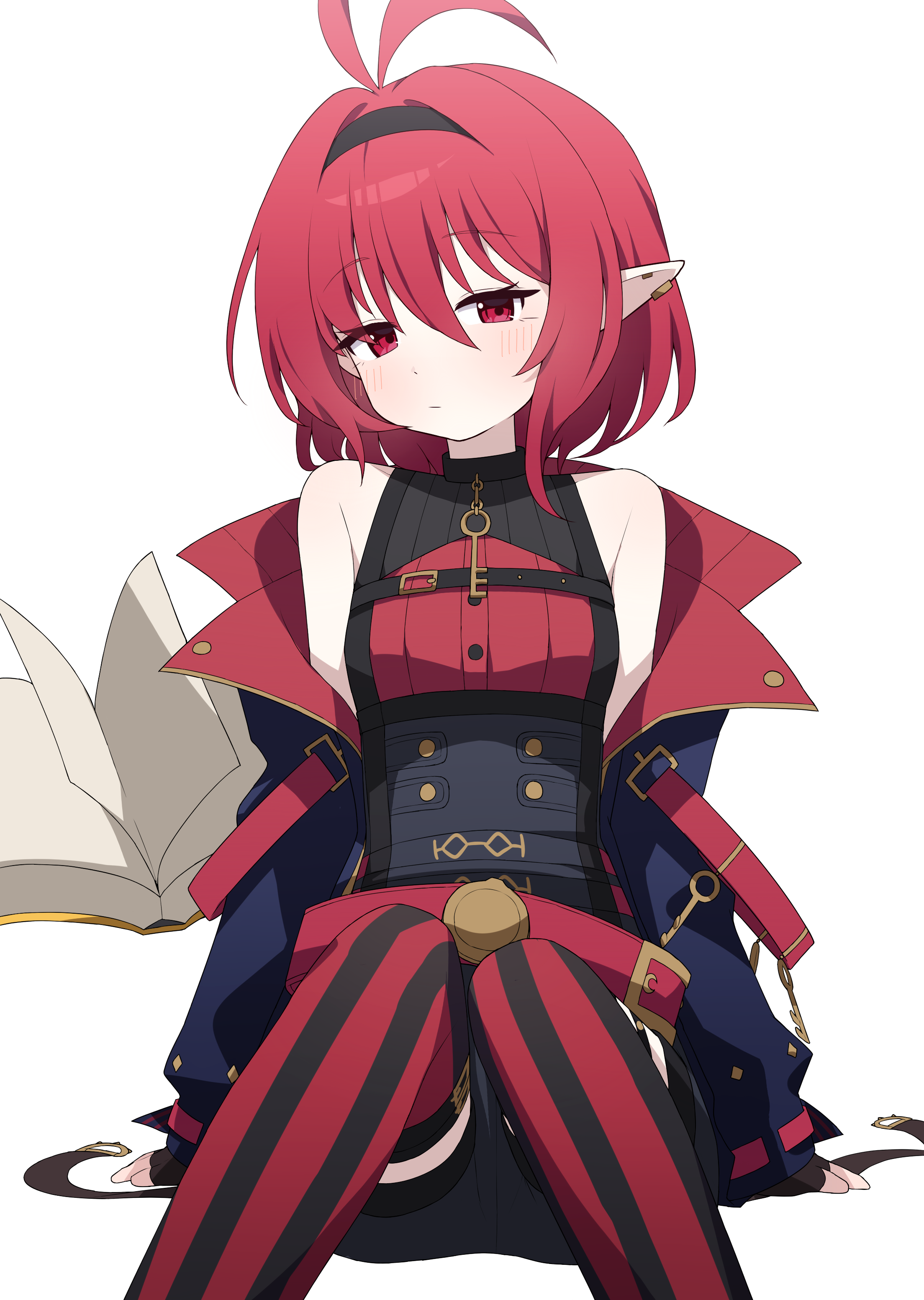 hagoonha, dungeon and fighter, absurdres, character request, highres, 1girl, bare shoulders, book, breasts, closed mouth, hair between eyes, jacket, looking at viewer, off shoulder, open book, open clothes, open jacket, pointy ears, red eyes, red hair, short hair, simple background, sitting, sleeveless, solo, striped clothes, striped thighhighs, thighhighs, vertical-striped clothes, vertical-striped thighhighs, white background