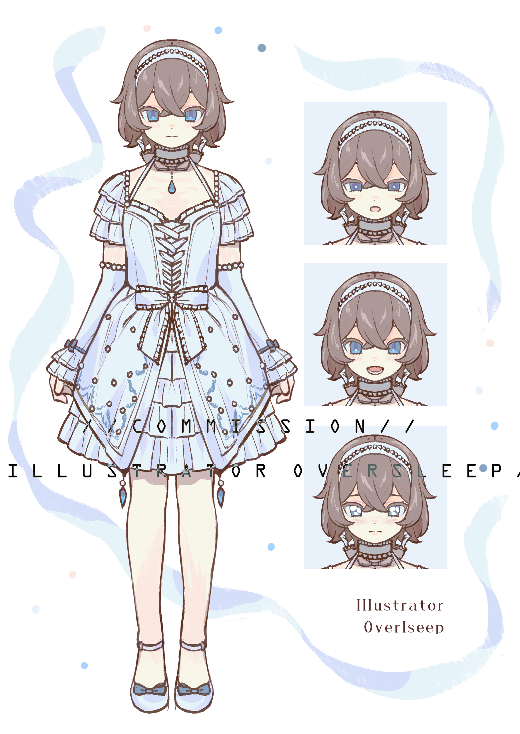 oversleep, original, absurdres, highres, 1girl, blue eyes, bow, breasts, brown hair, character name, choker, closed mouth, detached sleeves, dress, frilled choker, frilled dress, frilled sleeves, frills, full body, gem, hair between eyes, hair ornament, hairband, jewelry, lolita fashion, looking at viewer, mary janes, multiple expressions, multiple views, open mouth, pearl (gemstone), pearl hair ornament, reference sheet, shoes, short hair, smile, standing, white bow, white dress, white hairband, white shoes