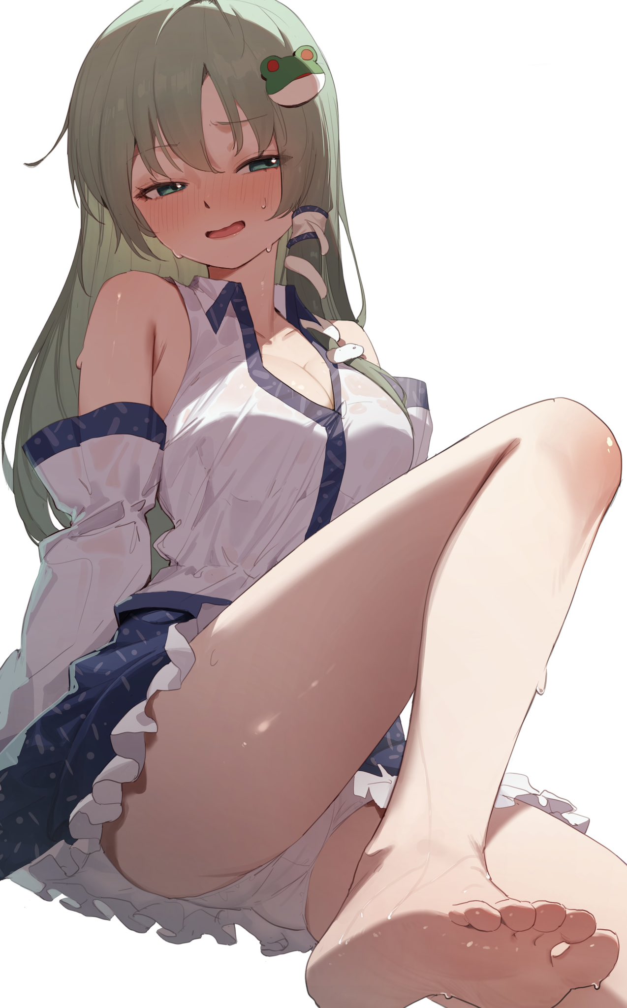 heoningu, kochiya sanae, touhou, hashtag-only commentary, highres, 1girl, armpit crease, barefoot, blue skirt, blush, breasts, cleavage, collared shirt, detached sleeves, feet, frilled skirt, frills, frog hair ornament, green eyes, green hair, hair ornament, large breasts, long hair, long sleeves, looking at viewer, panties, shirt, simple background, skirt, sleeveless, sleeveless shirt, snake hair ornament, solo, sweat, thighs, underwear, white background, white panties, white shirt, white sleeves