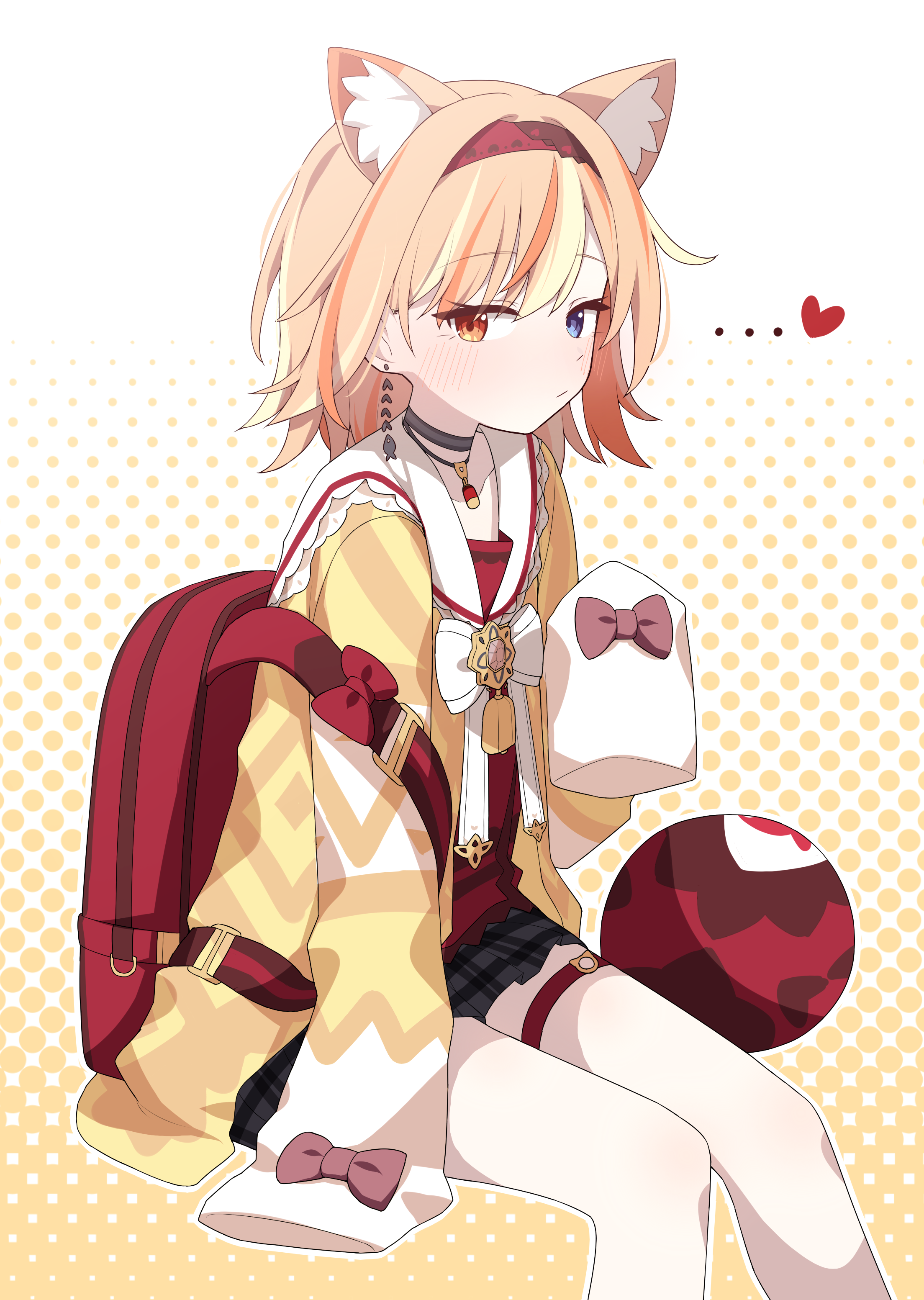 hagoonha, black survival, eternal return: black survival, absurdres, character request, highres, …, 1girl, backpack, bag, ball, blonde hair, blue eyes, blush, bow, choker, earrings, halftone, heart, heterochromia, jewelry, looking at viewer, medium hair, multicolored hair, orange eyes, orange hair, plaid clothes, plaid skirt, randoseru, red bag, sailor collar, shirt, skirt, sleeves past fingers, sleeves past wrists, solo, streaked hair, thigh strap, virtual youtuber, white bow, white sailor collar