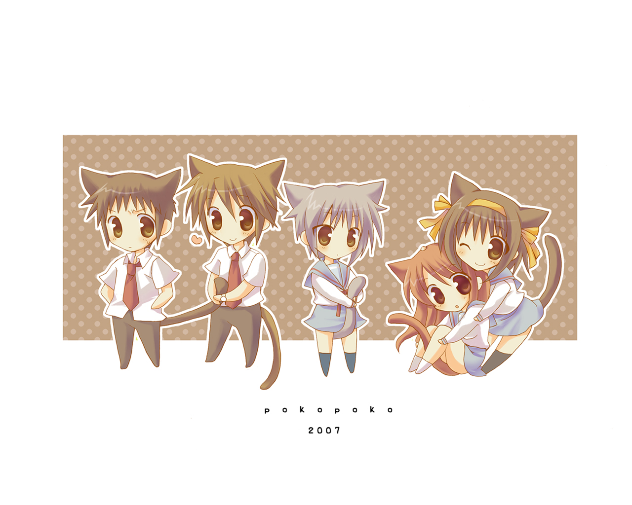 pokopi, asahina mikuru, koizumi itsuki, kyon, nagato yuki, suzumiya haruhi, suzumiya haruhi no yuuutsu, 00s, 2boys, 3girls, animal ears, brown hair, cat ears, multiple boys, multiple girls, short hair