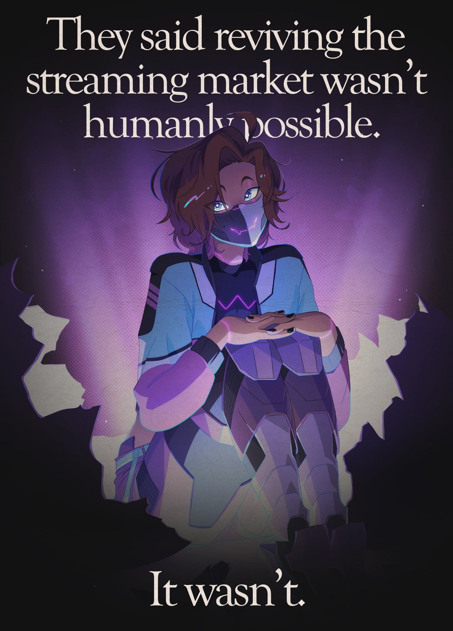 ranboo, ranboo (r800), indie virtual youtuber, nintendo, commentary, english commentary, highres, official art, second-party source, 1other, ad, androgynous, android, blue eyes, brown hair, english text, looking at viewer, mask, mechanical legs, mouth mask, other focus, parody, poster (medium), purple shorts, ranboo (r800) (2.0), sev (sev thecat), short hair, shorts, sitting, solo, star-shaped pupils, star (symbol), symbol-shaped pupils, virtual youtuber