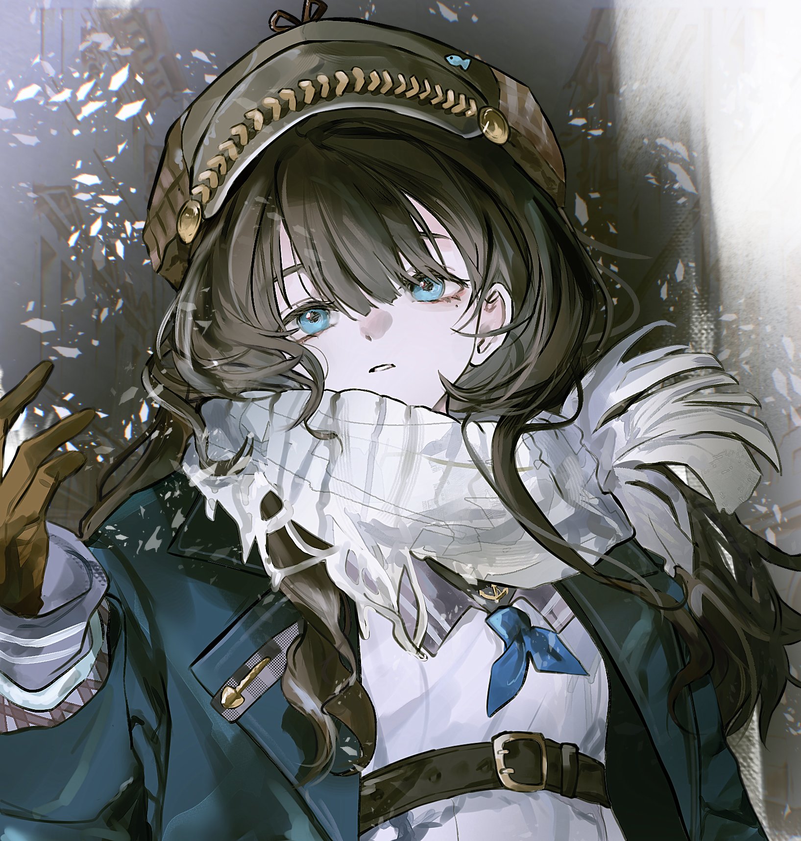 dalyu223, marcus (reverse:1999), reverse:1999, highres, 1girl, belt, blue coat, blue eyes, blue neckerchief, brown belt, brown gloves, brown hair, coat, gloves, grey background, grey hat, hand up, hat, long hair, looking up, mole, mole under eye, neckerchief, newsboy cap, scarf, solo, upper body, white scarf