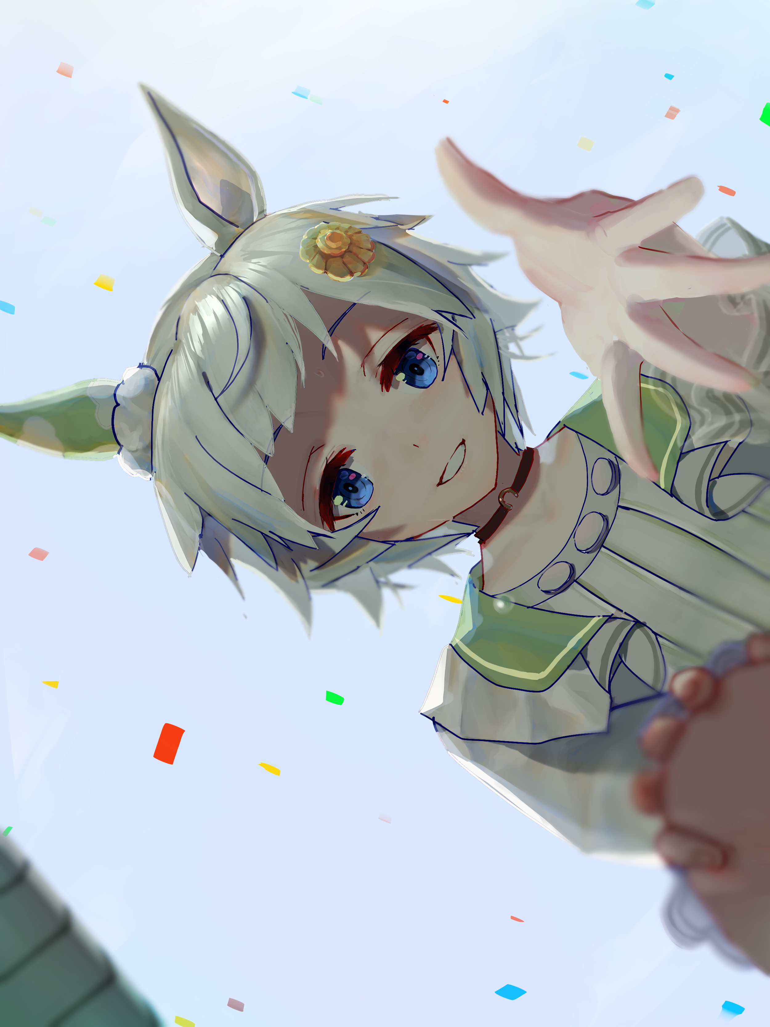 no uwazumi, seiun sky (umamusume), umamusume, absurdres, highres, 1girl, animal ears, blouse, blue eyes, brown choker, choker, confetti, ear covers, flower, green sailor collar, grey hair, hair flower, hair ornament, hairclip, horse ears, horse girl, long sleeves, looking at viewer, open mouth, outdoors, outstretched hand, sailor collar, seiun sky (reeling in the big one) (umamusume), shirt, short hair, single ear cover, smile, solo, sunflower, sunflower hair ornament, teeth, white shirt