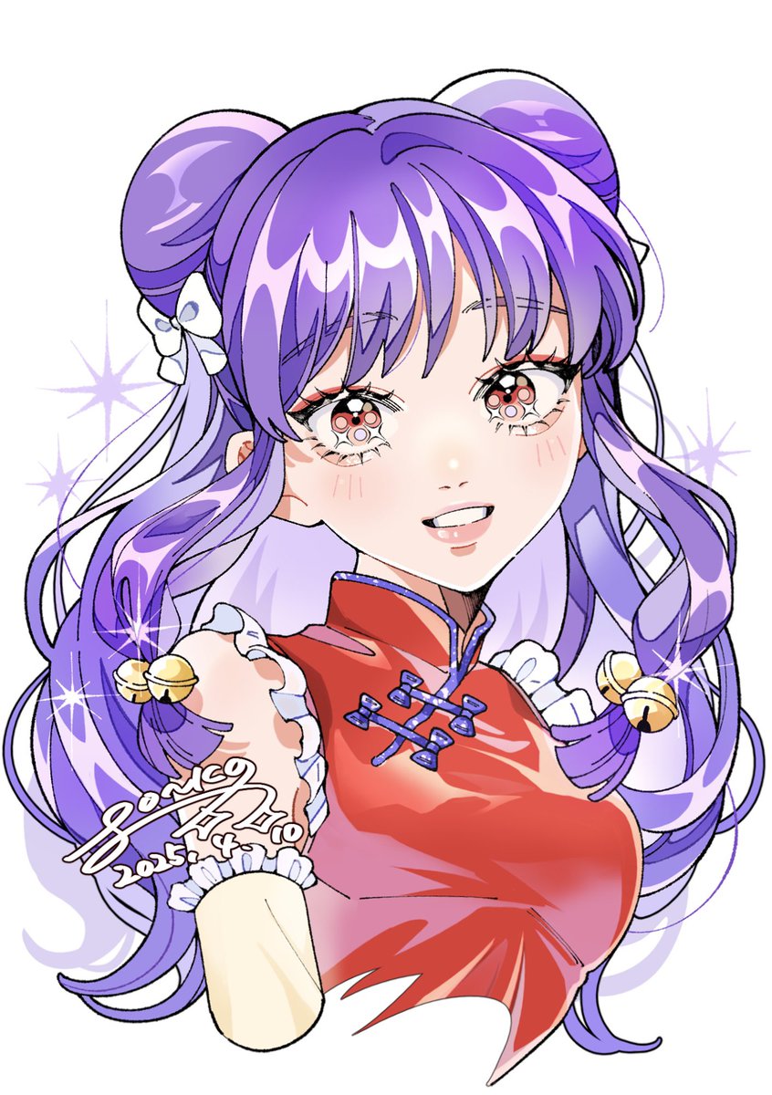 shampoo (ranma 1/2), ranma 1/2, 1girl, chinese clothes, double bun, eyeshadow, hair bun, long hair, makeup, purple hair, red eyes, sidelocks, white background