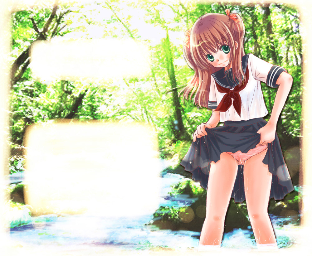yuririn, original, clothes lift, panties, river, school uniform, serafuku, skirt, skirt lift, solo, striped clothes, striped panties, underwear