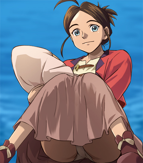 haruyama kazunori, isura, tide-line blue, 00s, age difference, ahoge, baby, blue eyes, brown hair, hair up, mother and son, panties, pantyshot, short hair, sitting, skirt, smile, solo, underwear, water, white panties