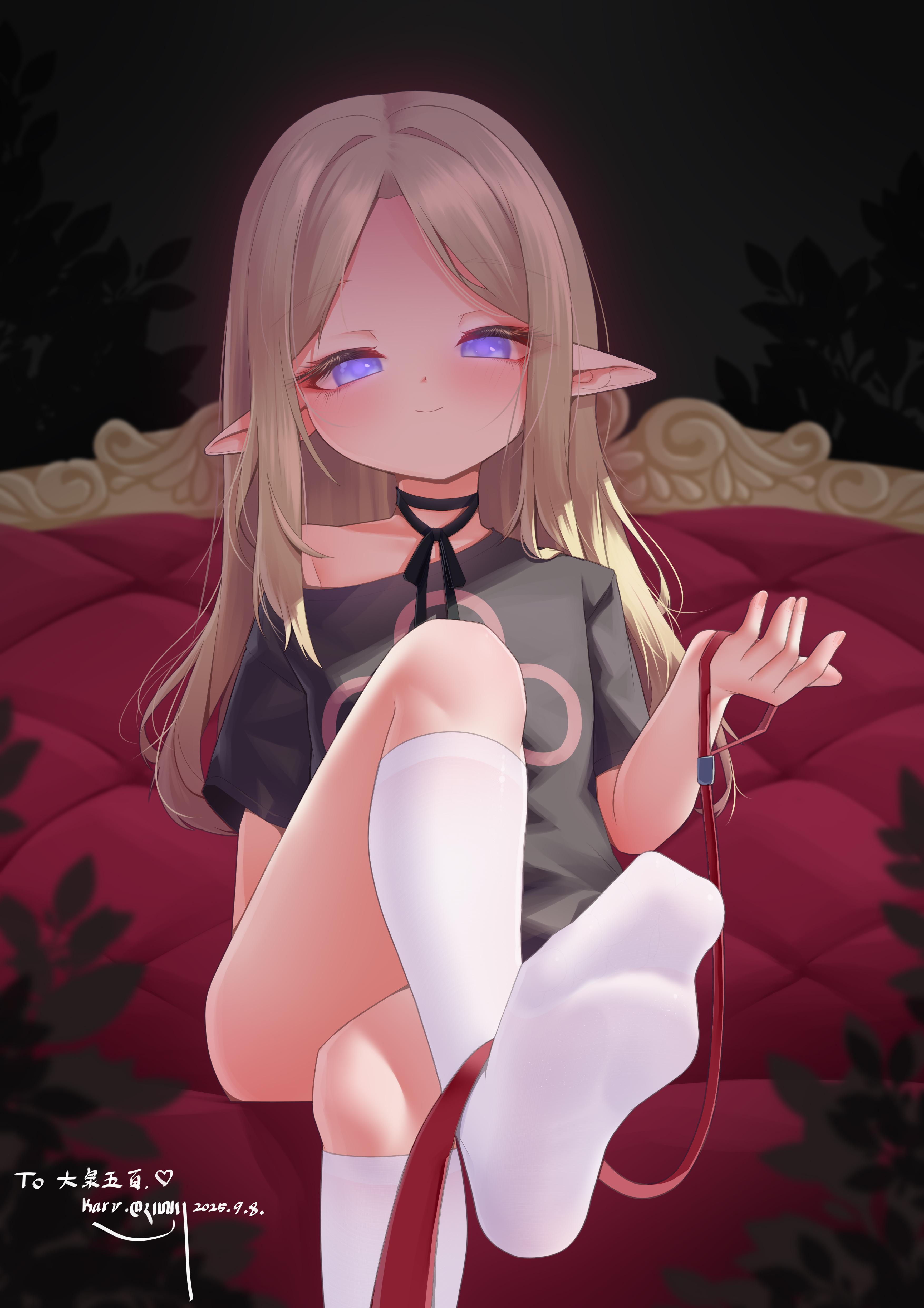 karv, absurdres, highres, 1girl, blonde hair, blue eyes, blush, crossed legs, feet, leash, long hair, looking at viewer, pointy ears, pov, sitting, smile, socks, soles, toes, white socks