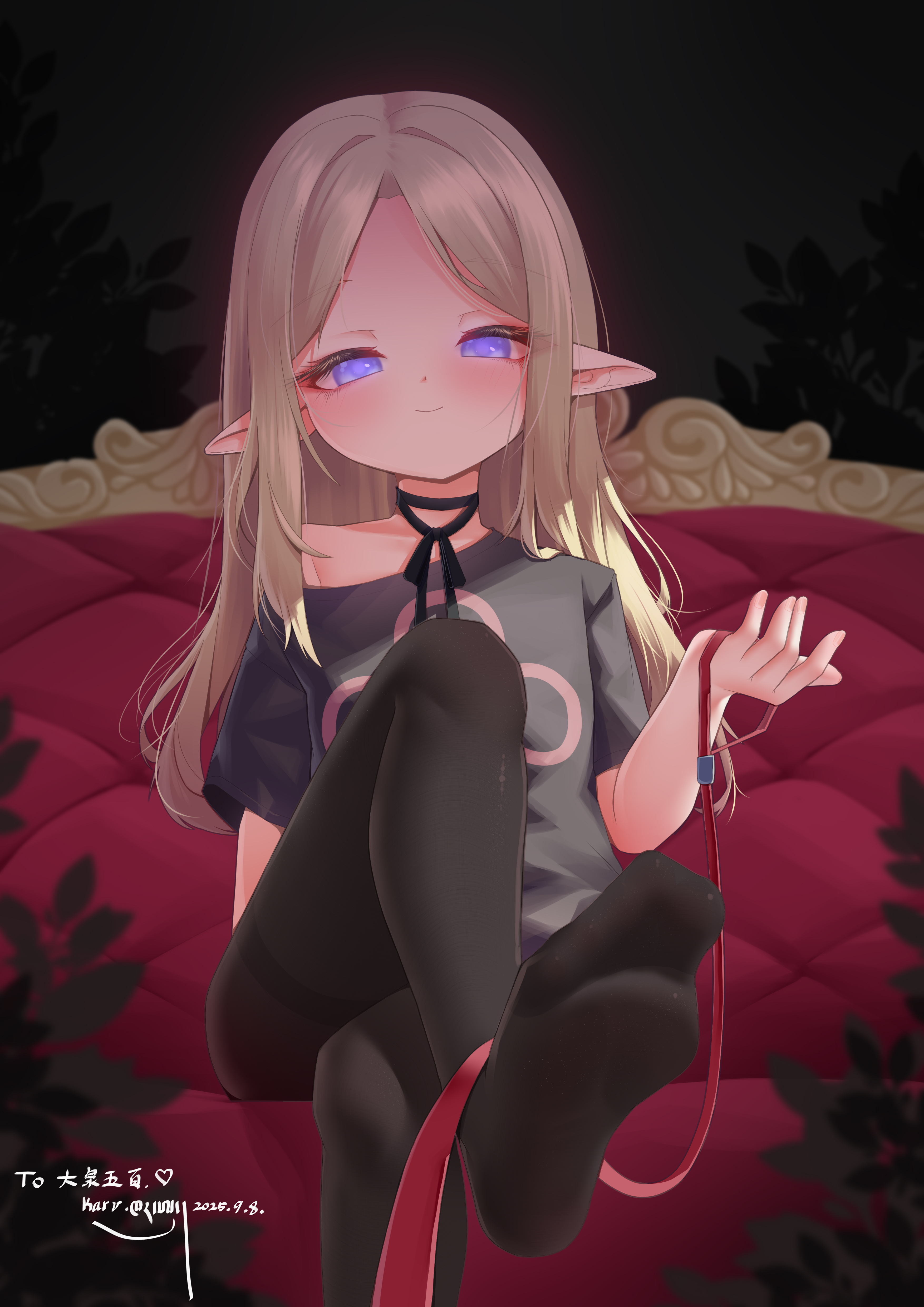 karv, absurdres, highres, 1girl, black pantyhose, blonde hair, blue eyes, blush, crossed legs, feet, leash, long hair, looking at viewer, pantyhose, pointy ears, pov, sitting, smile, soles, toes