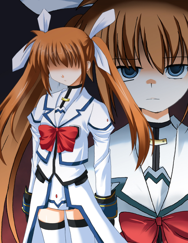 odaya, odayan, takamachi nanoha, takamachi nanoha (aggressor mode), lyrical nanoha, mahou shoujo lyrical nanoha, mahou shoujo lyrical nanoha strikers, 00s, 1girl, bow, bowtie, cowboy shot, dress, empty eyes, expressionless, hair ornament, hair ribbon, hidden eyes, long boots, looking at viewer, multiple views, red bow, red bowtie, ribbon, shaded face, standing, thighhighs, twintails, upper body, white devil, white dress, white ribbon, zettai ryouiki