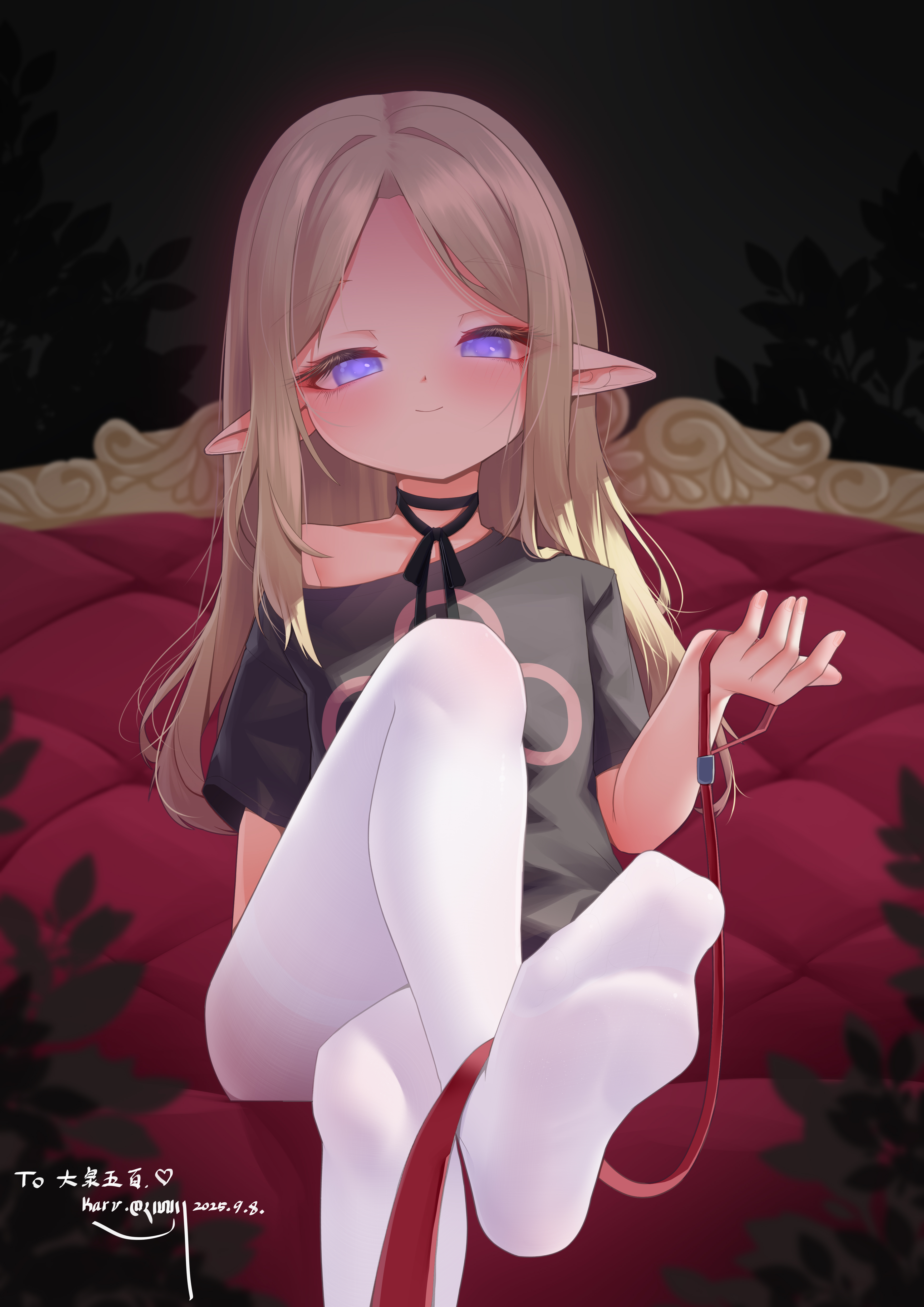 karv, absurdres, highres, 1girl, blonde hair, blue eyes, blush, crossed legs, feet, leash, long hair, looking at viewer, pantyhose, pointy ears, pov, sitting, smile, soles, toes, white pantyhose