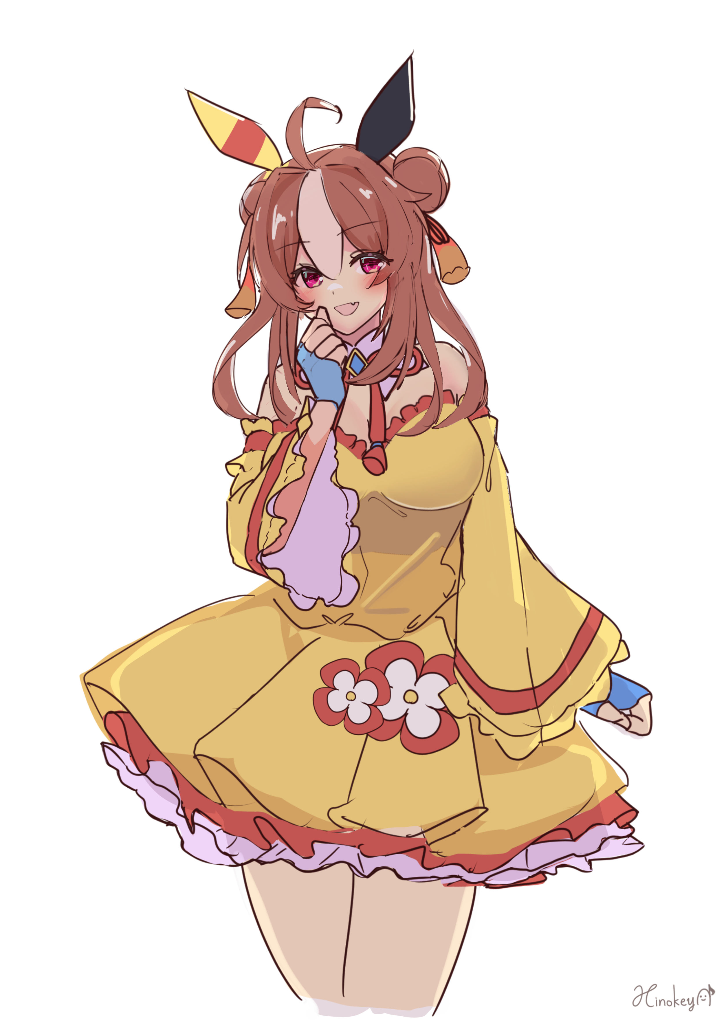 hinokey (hinokey0126), copano rickey (umamusume), umamusume, absurdres, highres, 1girl, ahoge, animal ears, bare shoulders, blue gloves, blush, breasts, brown hair, double bun, dress, ear covers, fang, fingerless gloves, gloves, hair between eyes, hair bun, hair ornament, horse ears, horse girl, horse tail, long hair, looking at viewer, medium breasts, multicolored hair, off-shoulder dress, off shoulder, open mouth, purple eyes, simple background, smile, solo, streaked hair, tail, tassel, tassel hair ornament, white background, white hair, yellow dress