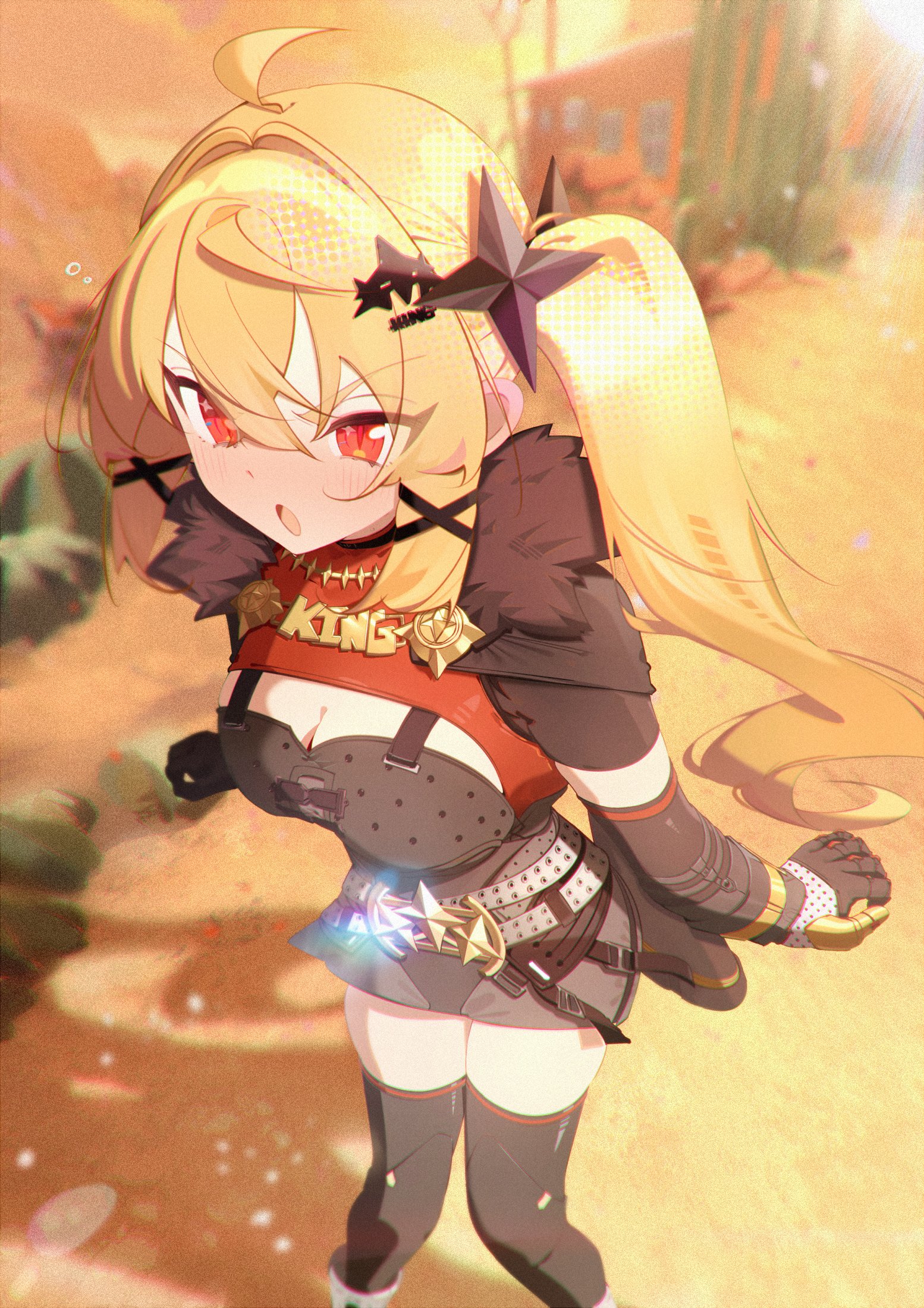 benio (dontsugel), luciana de montefio, zenless zone zero, highres, 1girl, belt, black gloves, black pantyhose, black shorts, blonde hair, blurry, blurry background, blush, breasts, cleavage, english text, from above, full body, gloves, hair between eyes, hair ornament, large breasts, long hair, micro shorts, open mouth, outdoors, pantyhose, pigeon-toed, red eyes, shorts, side ponytail, solo, solo focus, standing, thighs, tsurime, very long hair