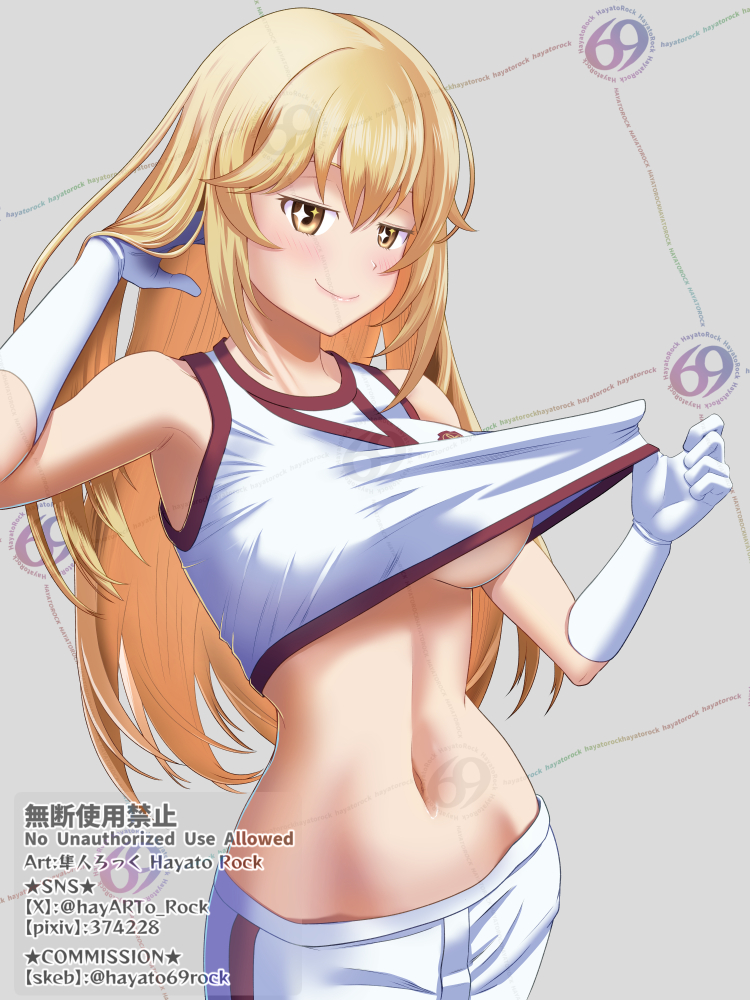 hayato rock, shokuhou misaki, toaru kagaku no railgun, toaru kagaku no railgun t, toaru majutsu no index, commentary request, 1girl, armpits, bare shoulders, blonde hair, breasts, brown eyes, closed mouth, clothes pull, elbow gloves, gloves, gym shirt, gym shorts, gym uniform, hand in own hair, large breasts, long hair, looking at viewer, navel, no bra, pulling own clothes, scene reference, school emblem, shirt, shirt pull, shorts, simple background, sleeveless, sleeveless shirt, smile, sparkling eyes, sternocleidomastoid muscle, stomach, teasing, tokiwadai school gym uniform, underboob, watermark, white gloves, white shirt, white shorts